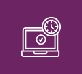 Icon of a laptop with a checkmark on the screen and a clock symbol above, all in white on a purple background.