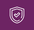 White shield with a check mark icon on a purple background.