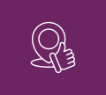 A white outline of a location pin next to a thumbs-up hand gesture on a purple background.